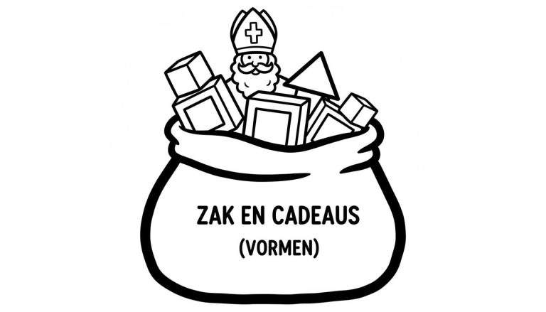 Zwart-wit kleurplaat van Sinterklaas die uit een zak vol cadeaus en geometrische vormen zoals kubussen en piramides kijkt. Onderaan staat de tekst "ZAK EN CADEAUS (VORMEN)". Geschikt voor peuters.