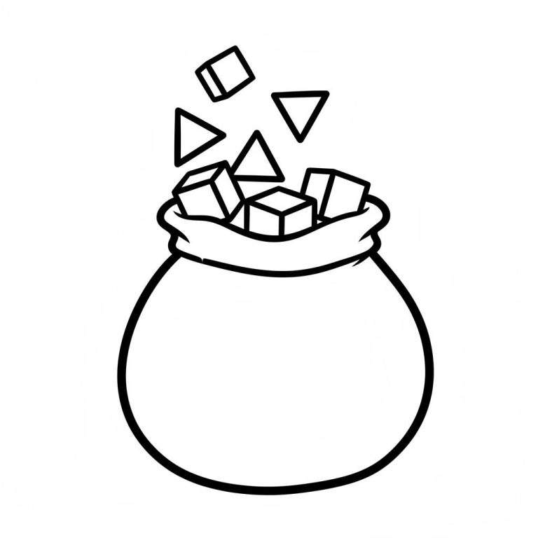 Zwart-wit kleurplaat voor peuters: Sinterklaas zak gevuld met geometrische vormen zoals kubussen, driehoeken en een rechthoek.