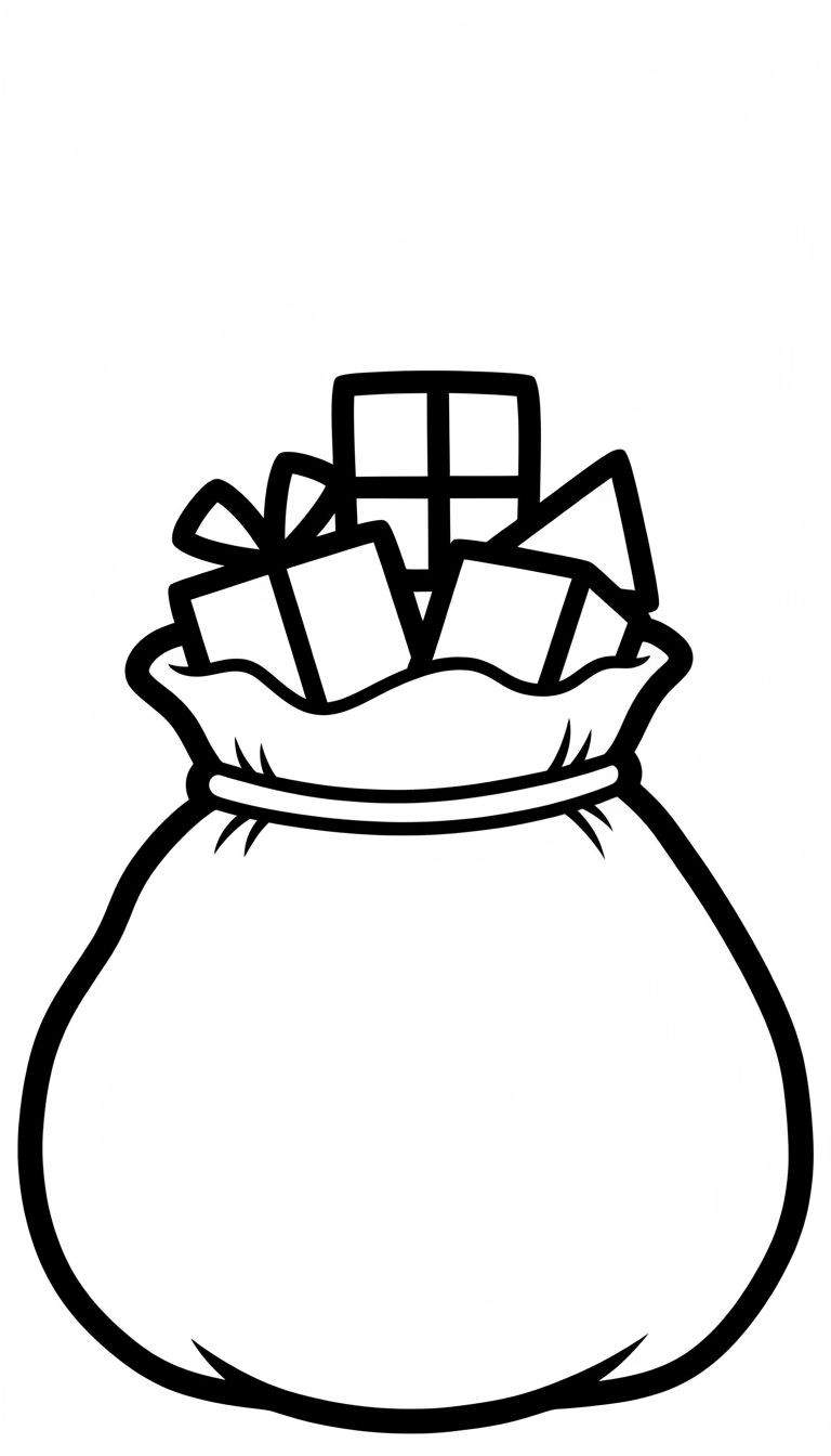 Kleurplaat van een Sinterklaas zak vol met uitpuilende cadeaus, waarvan één met een decoratieve strik.