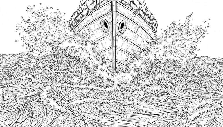 Gedetailleerde zwart-wit lijntekening van de boeg van Sinterklaas' stoomboot die door hoge, schuimende golven vaart met veel opspattend water.