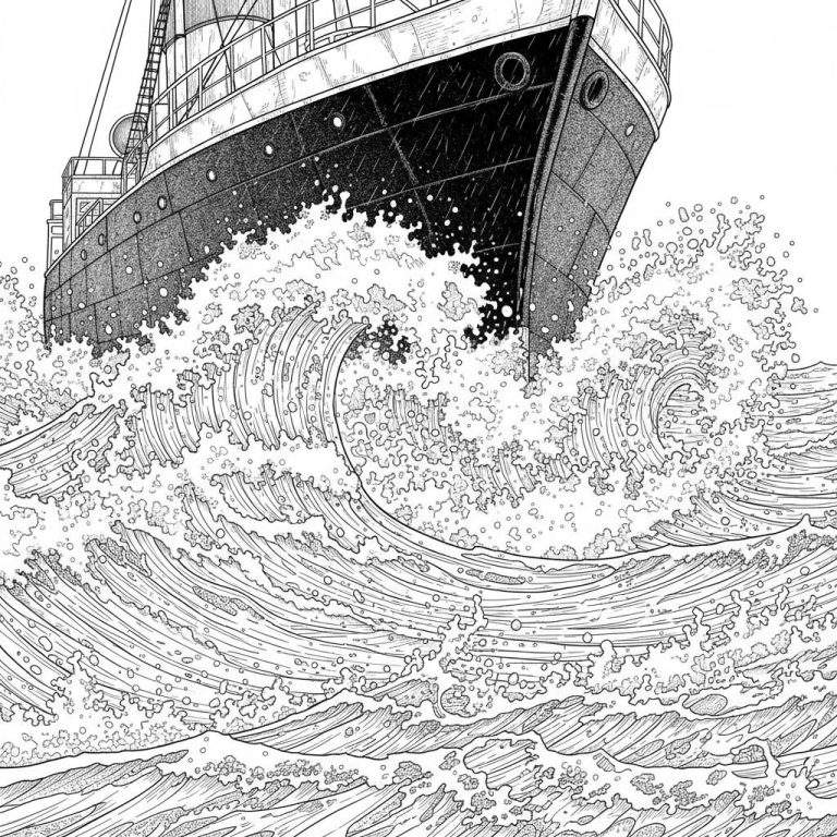 Gedetailleerde zwart-wit Sinterklaas kleurplaat van een schip dat door hoge, woeste golven vaart, met opspattend water en fijne arceringen.