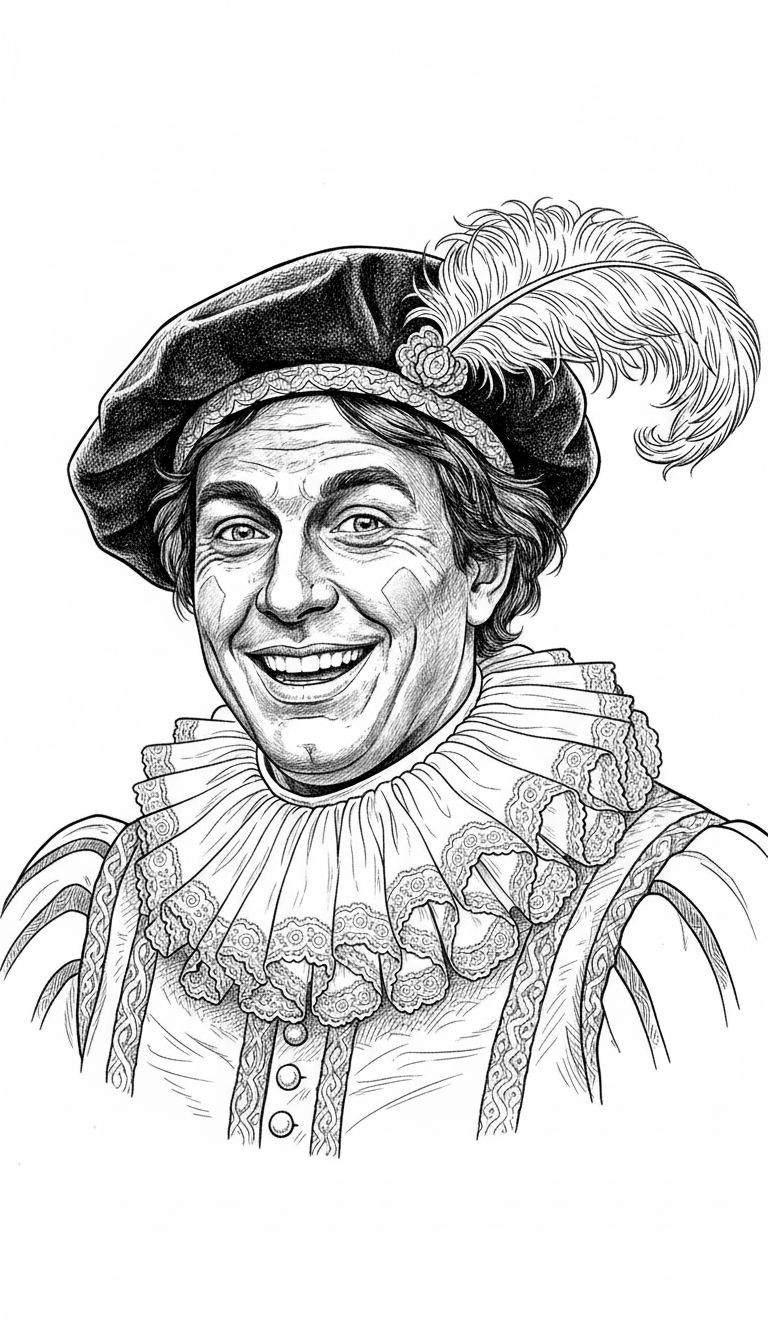 Kleurplaat van een breed lachende Sinterklaas in gedetailleerd historisch kostuum, met een baret, veer en molensteenkraag.