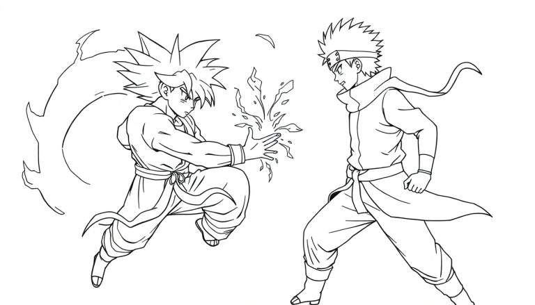 Zwart-witte anime kleurplaat van twee mannelijke personages die vechten. Het ene personage heeft lang, geel, stekelig haar en lanceert een vuur-/energie-aanval. Het andere personage heeft zwart, stekelig haar, een hoofdband en staat in een vechthouding.