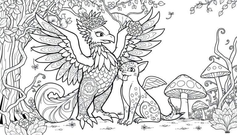 Kleurplaat van een grote griffioen-achtige vogel met bloemenkroon en een kleine gevleugelde kat die samen in een gedetailleerde fantasietuin staan, omringd door bomen, bloemen en paddenstoelen.