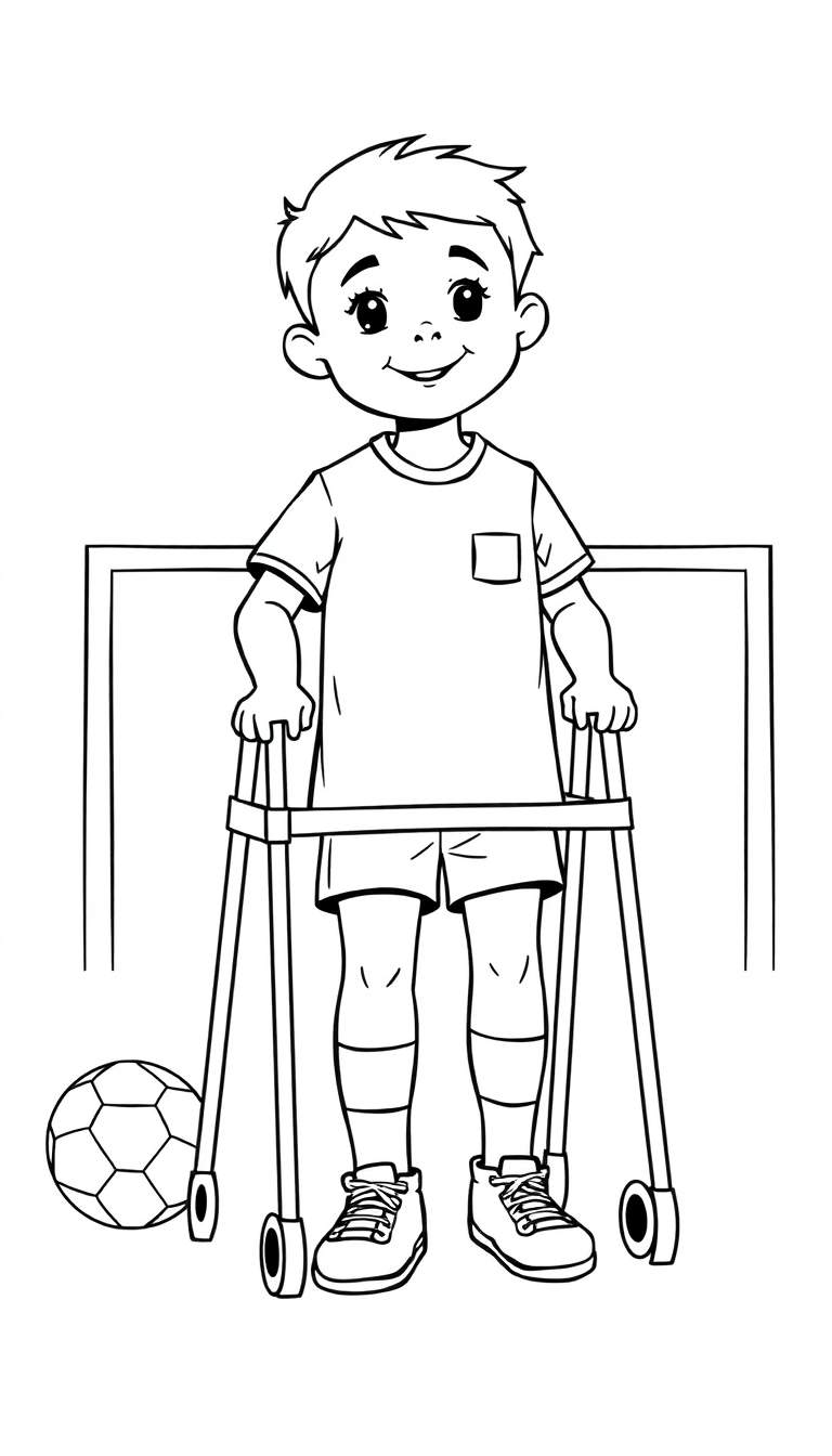 Kleurplaat van een lachende jongen met kort, stekelig haar die een looprek vasthoudt, met een voetbal en voetbaldoel op de achtergrond.