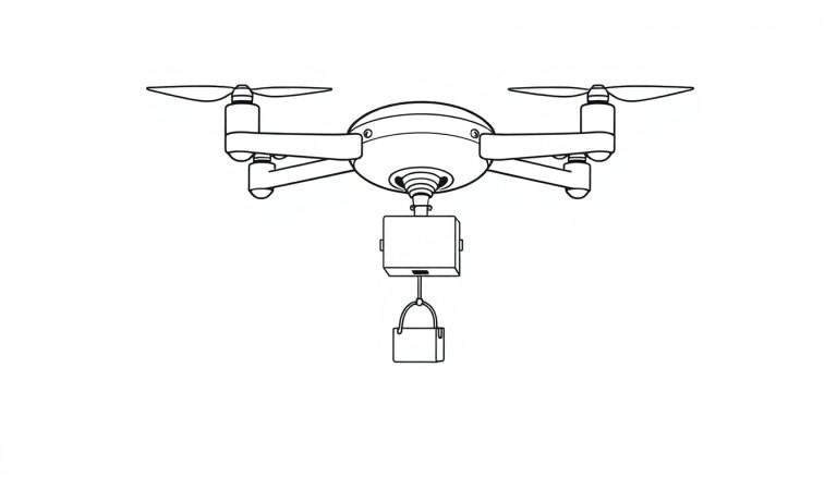 Eenvoudige lijntekening van een drone met propellers en een hangend pakketje, ideaal om in te kleuren.