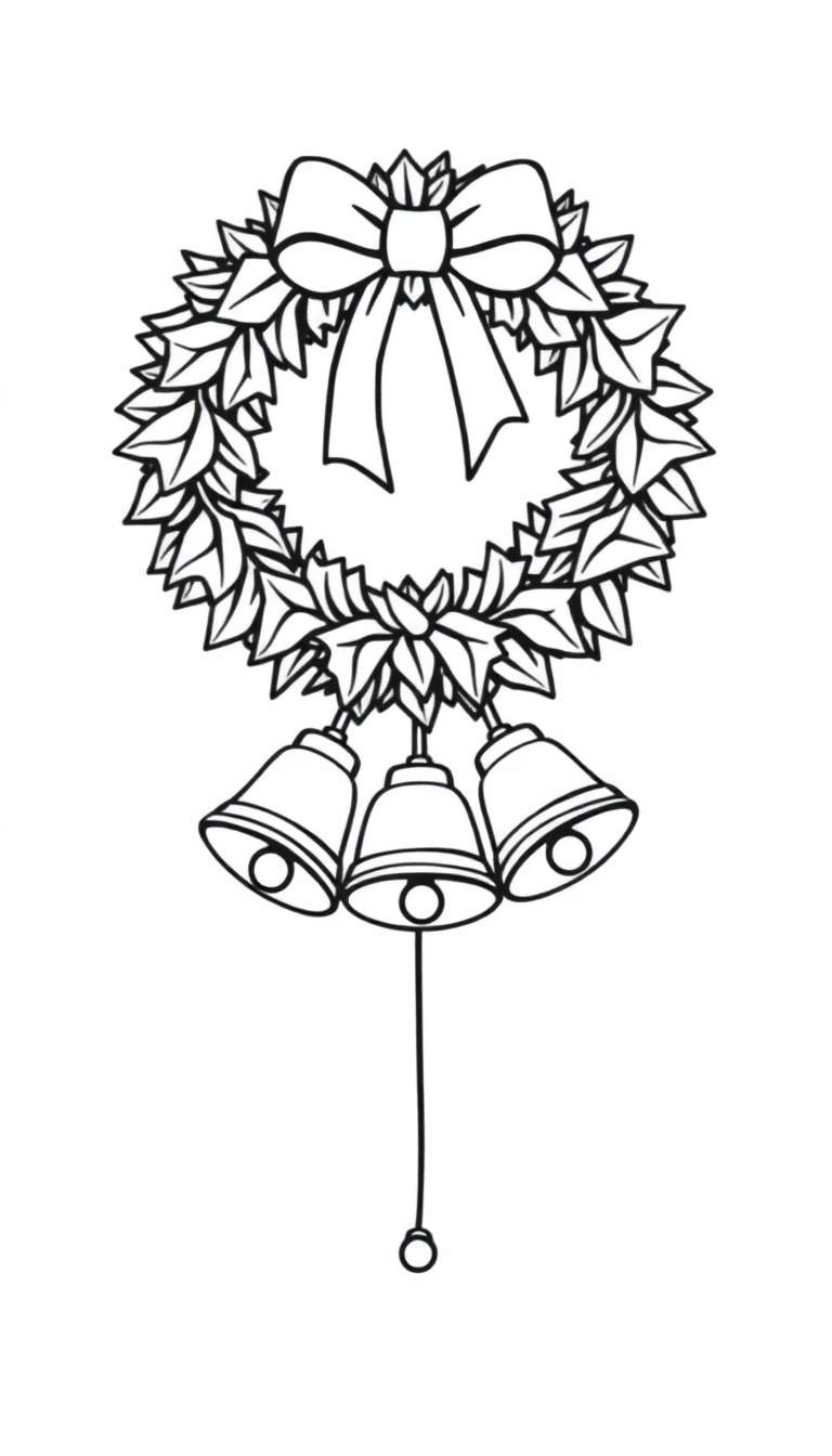 Zwart-wit lijntekening van een feestelijke kerstkrans met bladeren, een strik bovenaan en drie bellen onderaan. Een touwtje met een kraaltje hangt aan de middelste bel.