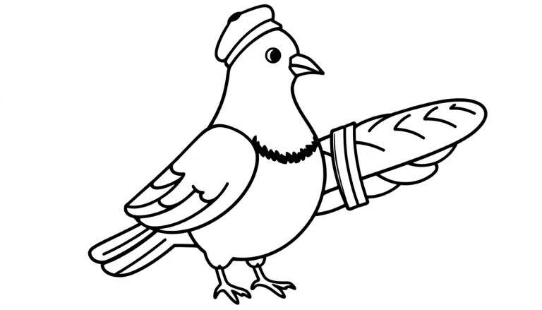 Zwart-wit tekening van een cartooneske duif met een baret en een stokbrood, klaar om ingekleurd te worden.