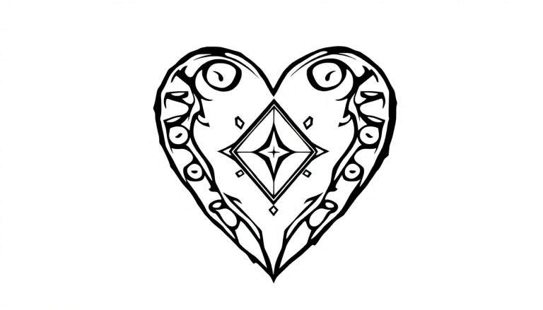 Zwart-wit gestileerd hart met dubbel omrande ruit in het midden, kleinere ruitjes en tribale vormen, symmetrisch en decoratief.