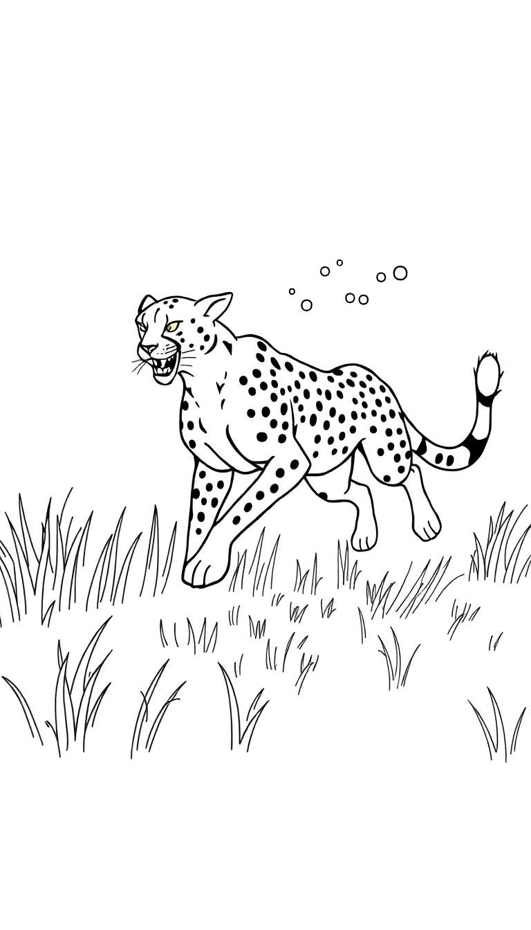 Kleurplaat van een rennende cheetah met zwarte stippen, gele ogen en zichtbare tanden, met gras op de achtergrond.