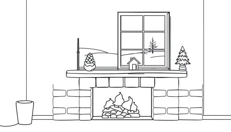 Zwart-witte kleurplaat van een gezellig interieur met open haard, schoorsteenmantel met kerstdecoraties en een winterlandschap door het raam.