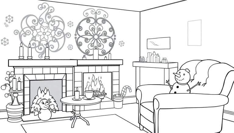 Kleurplaat van een warme woonkamer in winterse stijl met open haarden, sneeuwpop, kaarsen en decoraties.