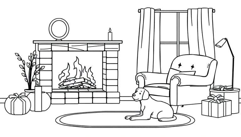 Kleurplaat van een gezellige woonkamer met open haard, hond, fauteuil, raam, bijzettafel en staande lamp.