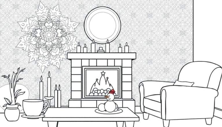 Zwart-wit kleurplaat van een gezellige woonkamer met kerstsfeer, inclusief schoorsteen, sneeuwpop, plant en fauteuil.