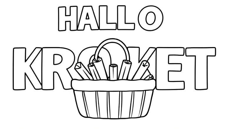 Zwart-wit kleurplaat met de tekst HALLO KROKET, waarbij kroketten in een mandje de letters O en K vormen.