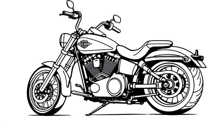 Zwart-wit lijntekening van een gedetailleerde Harley Davidson motorfiets in zijaanzicht, staand op de zijstandaard, met het 'HARLEY DAVIDSON CYCLES' logo op de tank.