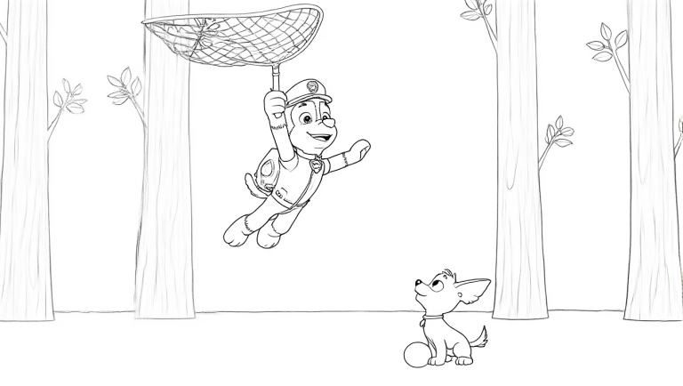 Zwart-wit kleurplaat van Paw Patrol's Chase die met een vangnet zweeft, terwijl een kleinere hond op de grond toekijkt in een bosrijke omgeving.