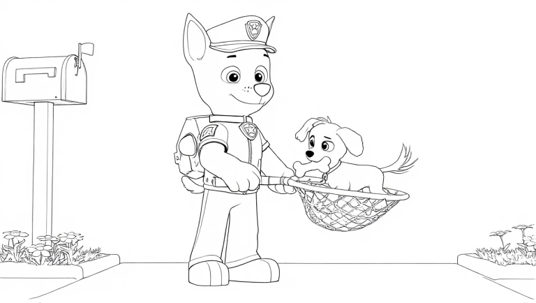Kleurplaat van Paw Patrol's Chase, de politiehond in uniform, die een vrolijke puppy met een botje in zijn vangnet vasthoudt, met een brievenbus en bloemen op de achtergrond.