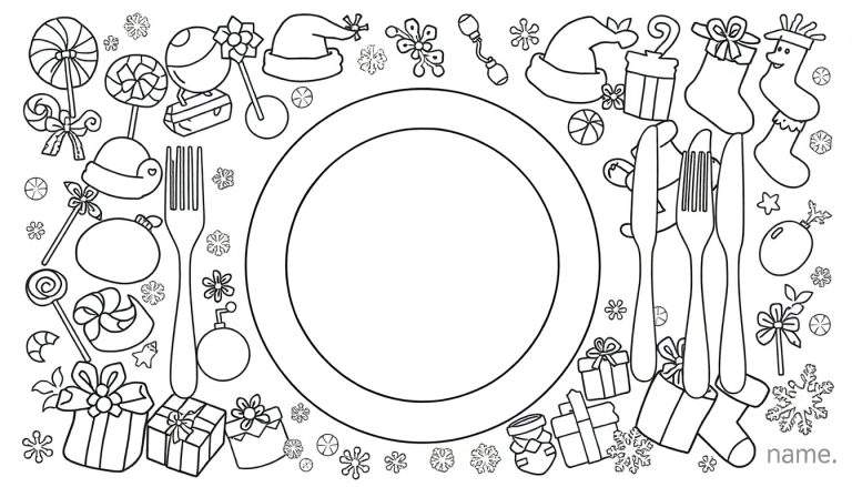 Zwart-witte lijntekening van een kerst placemat kleurplaat met een bord, bestek en veel kerstdecoraties.
