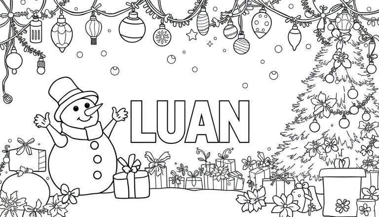 Zwart-wit kerst kleurplaat met de naam LUAN, een sneeuwpop, kerstboom, cadeautjes en kerstdecoraties.
