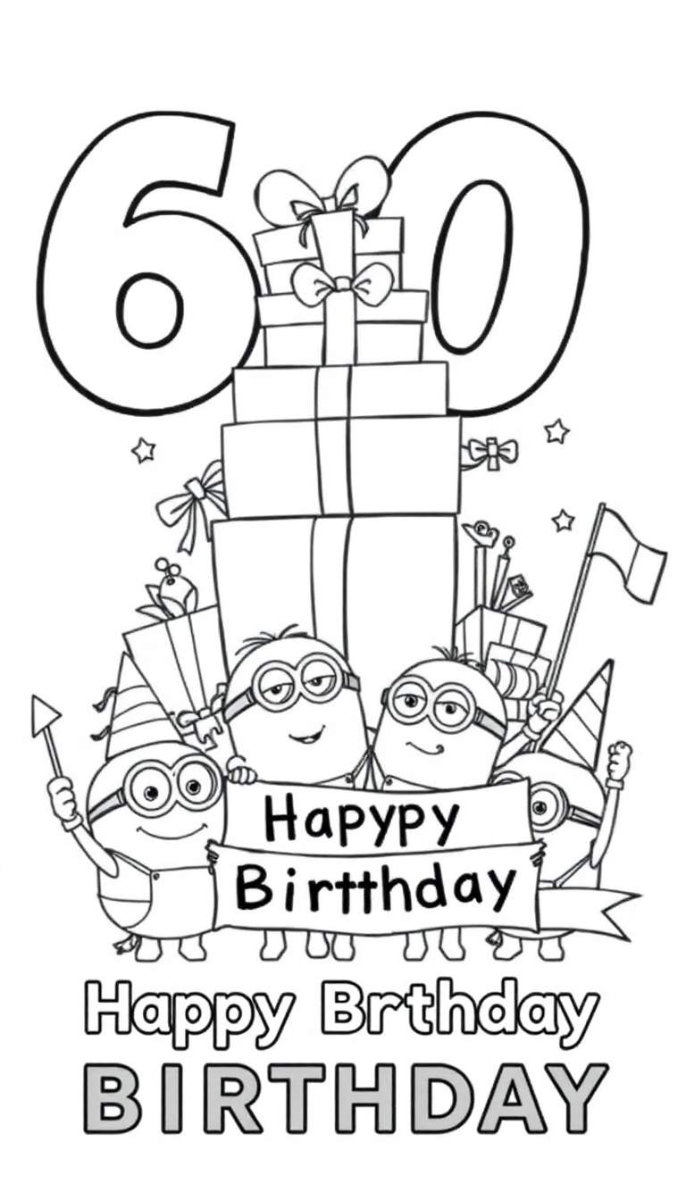 Kleurplaat van een 60e verjaardag met grote cijfers, cadeaus, en vrolijke Minions die een 'Hapypy Birtthday' spandoek vasthouden.
