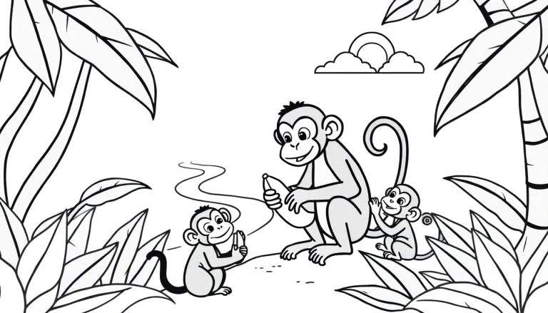 Kleurplaat van drie apen in een jungle: een grote aap deelt bananen met twee kleintjes, omringd door bladeren en planten, met een regenboog op de achtergrond.