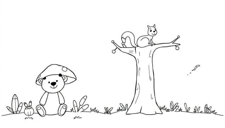 Kleurplaat met een beer met paddenstoel-hoed, een konijn, een boom met eekhoorn en bessen, en een vallend blaadje.