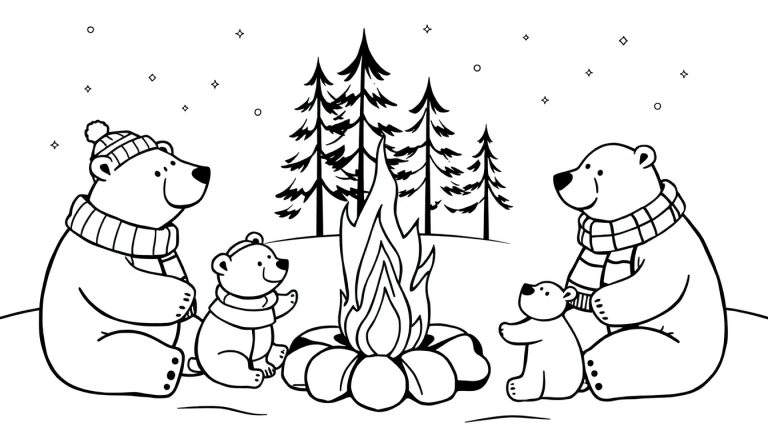 Zwart-wit kleurplaat van een berenfamilie met twee grote beren en twee beertjes, zittend rond een kampvuur in de sneeuw, met dennenbomen op de achtergrond.