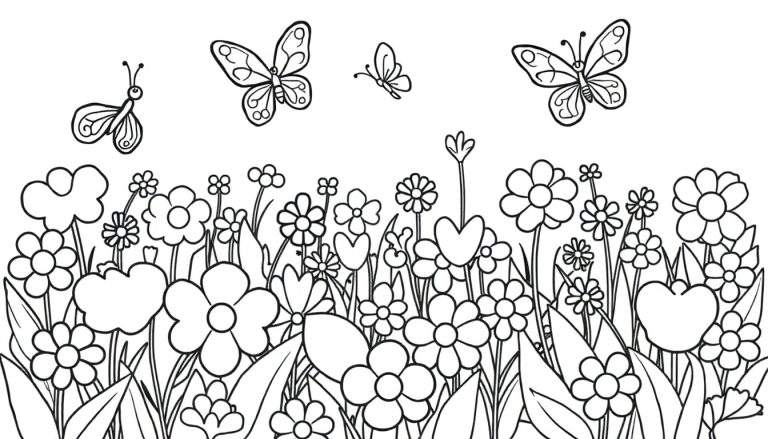 Zwart-wit kleurplaat van een bloemenveld met vier vliegende vlinders van verschillende groottes.