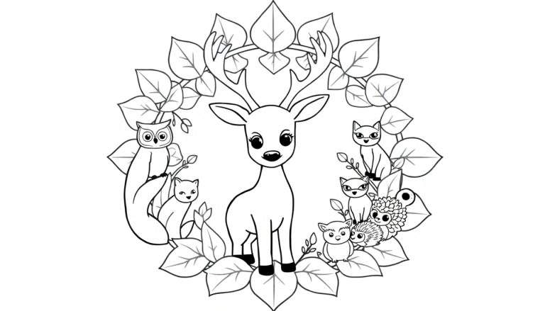 Kleurplaat van schattige bosdieren, waaronder een jong hert, uilen, een vosje, wasberen, egels en een klein uiltje, samengebracht in een krans van bladeren en takken.