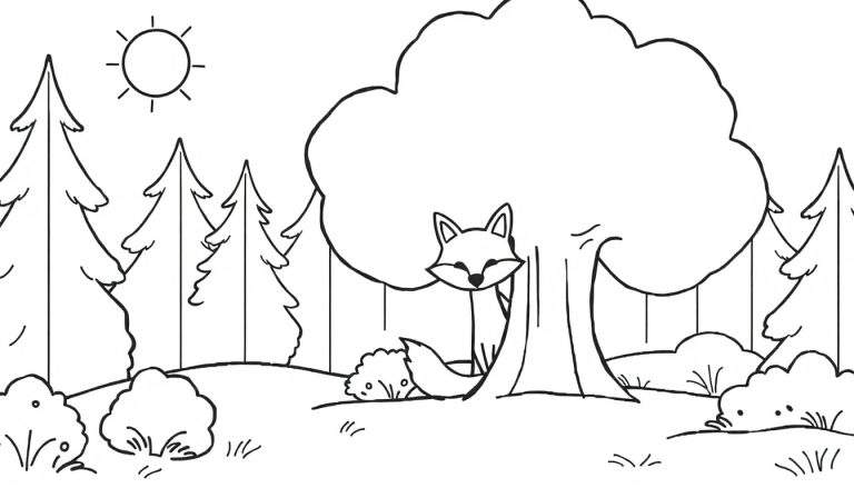 Zwart-witte kleurplaat van een bos met diverse bomen, struiken, gras, een zon en een vos die achter een boom tevoorschijn komt.