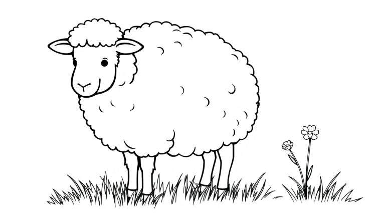Zwart-wit cartoon lijntekening van een vriendelijk schaap met wollige vacht, staand in het gras met twee bloemen.