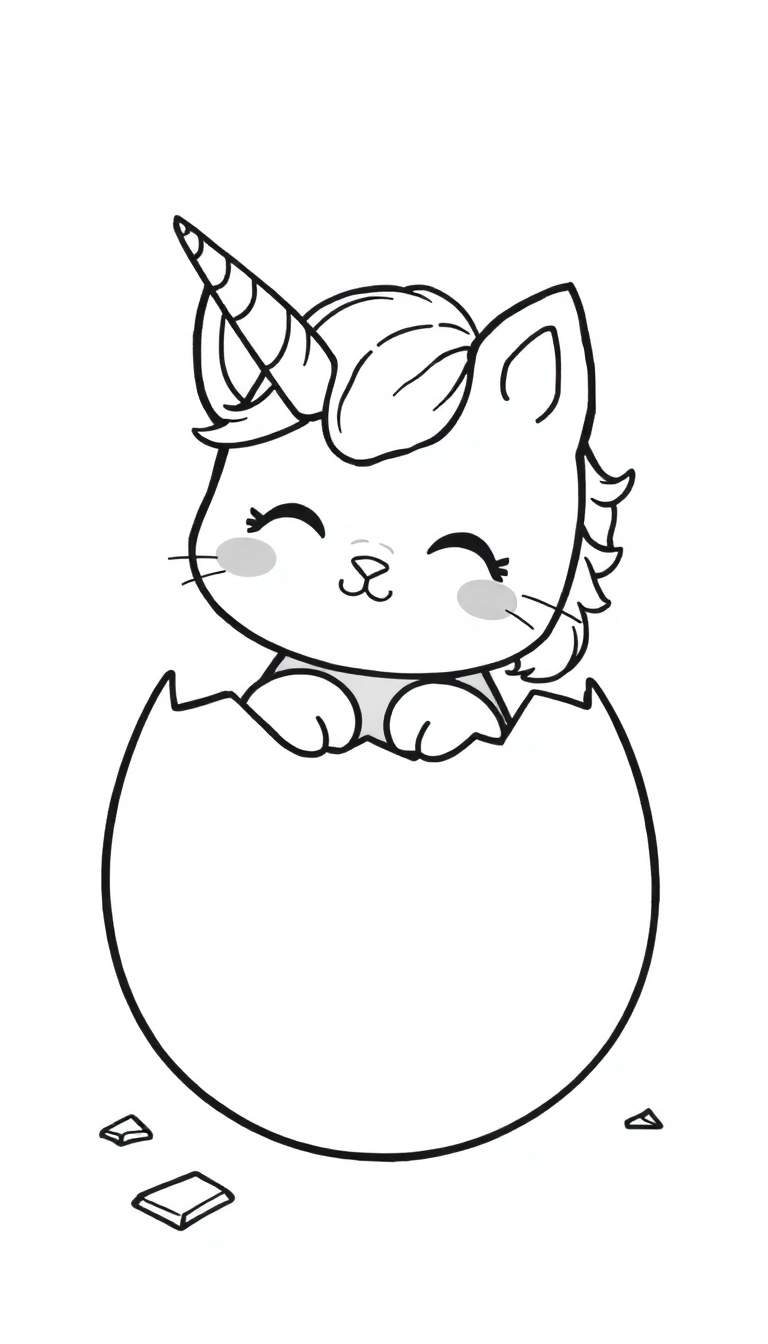 Zwart-wit kleurplaat van een schattig kat-eenhoorn wezentje dat blij lachend uit een gebroken ei komt.