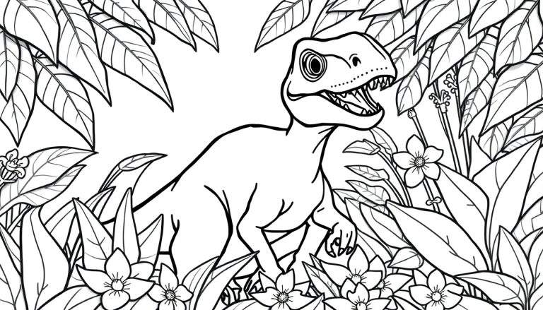Een zwart-witte kleurplaat van een roofdierachtige dinosaurus met open bek, staand te midden van grote bladeren en bloemen.