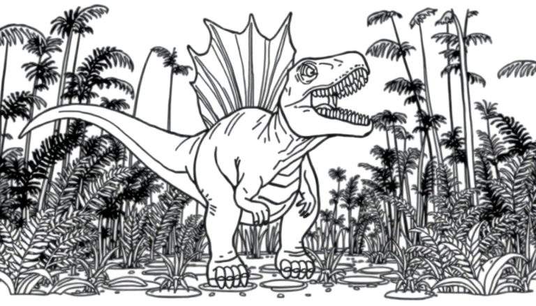 Kleurplaat van een grote, brullende dinosaurus met een zeil op zijn rug, staand in een prehistorische jungle met veel planten en water.