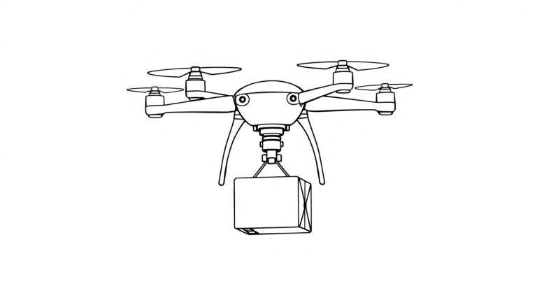 Lijntekening van een quadcopter drone die een pakket vervoert, met camera's aan de voorkant en zichtbaar landingsgestel. Zwart-wit, op witte achtergrond.