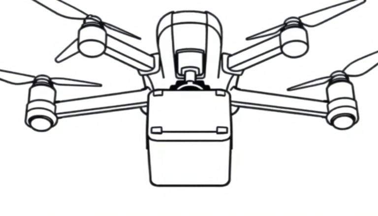 Zwart-witte lijntekening van een vliegende drone, gezien vanaf de voorkant en onderaf. De drone heeft vier armen met propellers en een object aan de onderzijde.