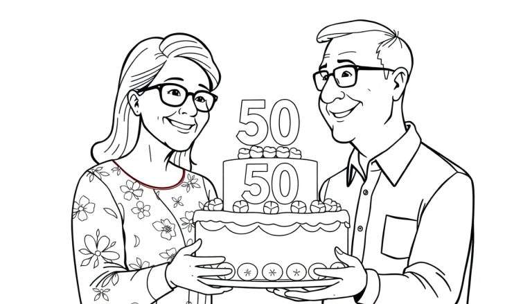 Zwart-wit kleurplaat van een lachende vrouw met bril en golvend haar en een lachende man met bril en kort haar, die samen een tweelagige taart met '50' erop vasthouden.