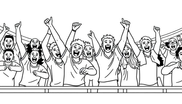 Kleurplaat van een groep van ongeveer tien lachende en juichende mensen met hun armen in de lucht, staand achter een reling.