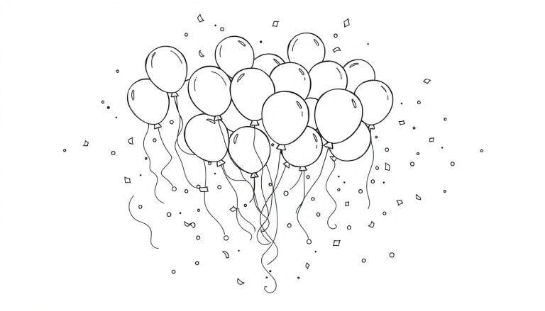 Zwart-wit kleurplaat met een tros feestelijke ballonnen en confetti.