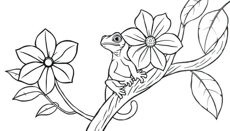 Zwart-wit lijntekening kleurplaat van een kleine gekko op een boomtak die omhoog kijkt naar een grote bloem. Nog een bloem aan de linkerkant, omringd door takken en bladeren op een witte achtergrond.