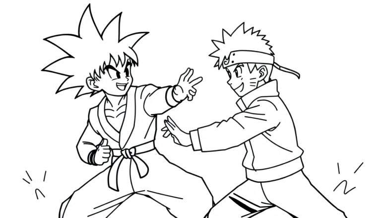 Kleurplaat van jonge Goku en Naruto Uzumaki die speels tegenover elkaar staan, met hun kenmerkende gebaren.