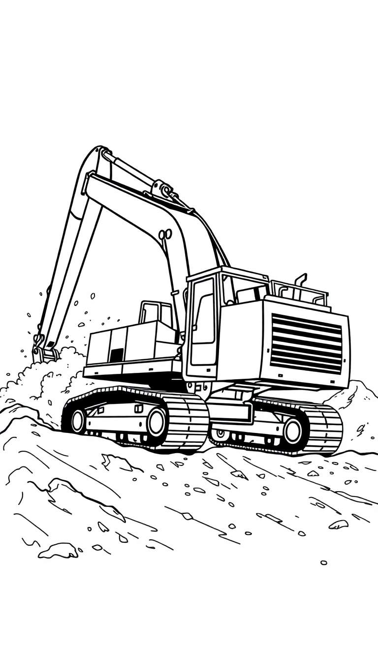 Kleurplaat van een grote graafmachine op rupsbanden die aan het graven is in een hoop aarde, met spatten van aarde rond de schepbak.