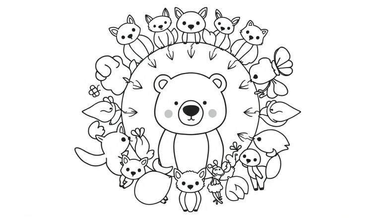 Kleurplaat van een grote, lieve beer omringd door kleine bosdieren en natuurlijke elementen, met pijltjes naar de beer.