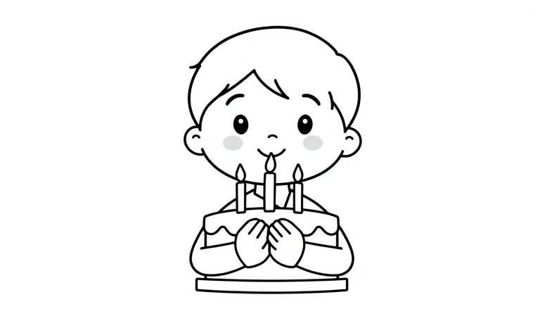 Zwart-witte kleurplaat van een vrolijke jongen die een verjaardagstaart met drie kaarsen vasthoudt.