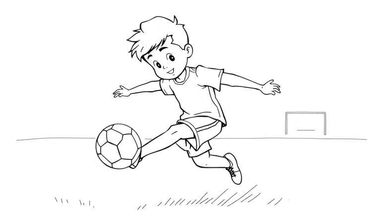 Zwart-wit lijntekening van een lachende jongen die een voetbal probeert te schoppen, met een voetbaldoel op de achtergrond.