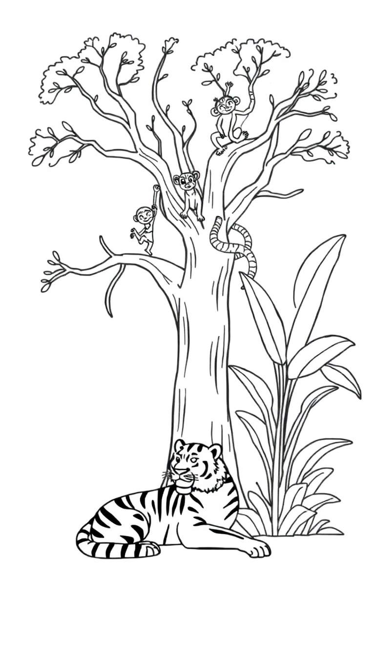 Zwart-wit kleurplaat van een jungle landschap met een grote boom, drie aapjes, een tijger, en tropische planten.