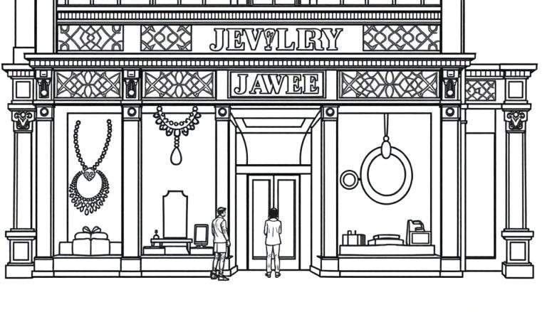 Kleurplaat van een gedetailleerde gevel van een juwelierszaak genaamd 'Jevllry' en 'Jawee', met sierlijke architectuur, etalages vol met sieraden en cadeaus, en twee figuren bij de ingang.