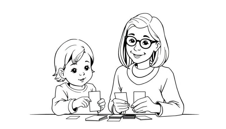 Kleurplaat van een lachende vrouw met bril die kaarten vasthoudt, tegenover een glimlachend kind met grote ogen dat ook een kaart bekijkt, aan een tafel vol speelkaarten.