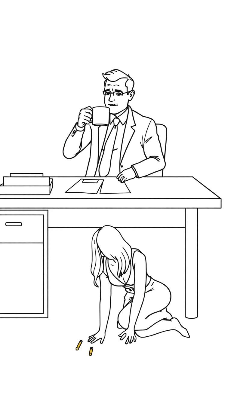 Zwart-wit lijntekening van een kantoor: man met bril en pak aan bureau drinkt uit mok, vrouw met lang haar in jurk knielt onder bureau bij drie gouden lege hulzen.